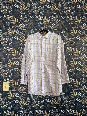 Roundtree & Yorke Rainbow Pastel Plaid Button-Down Shirt Blue Pink Yellow 18.5